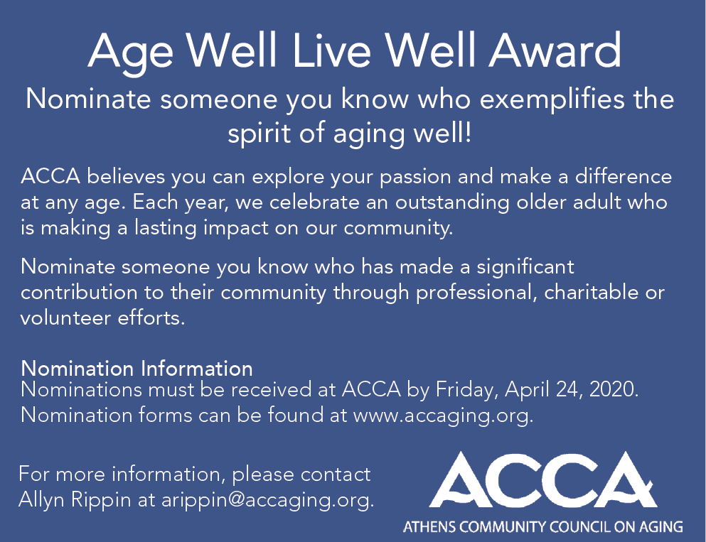 Nominate an Older Adult for the 2020 Annual Age Well, Live Well Award!