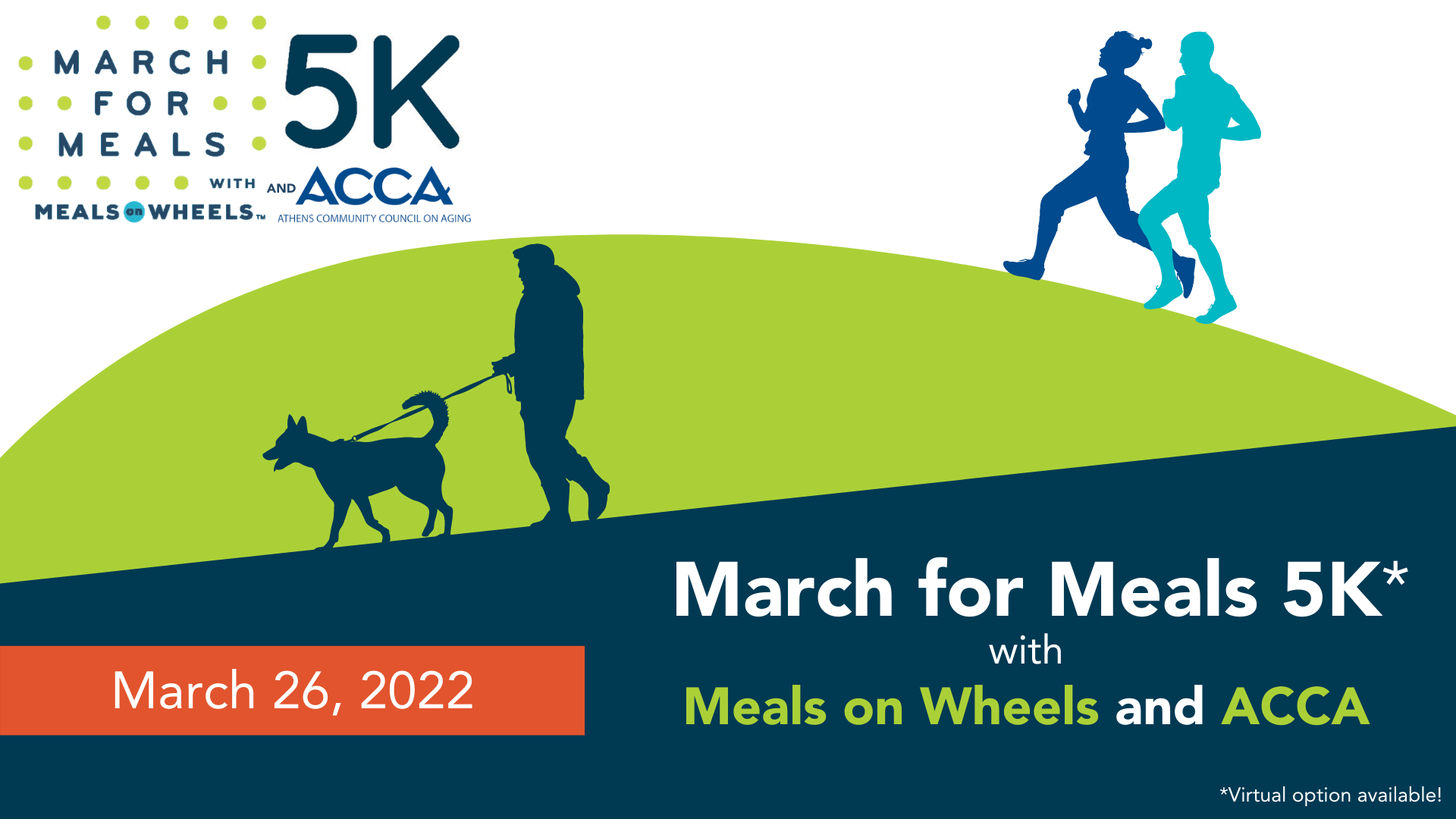 Graphic advertising the 2022 March for Meals 5K hosted by Meals on Wheels and ACCA